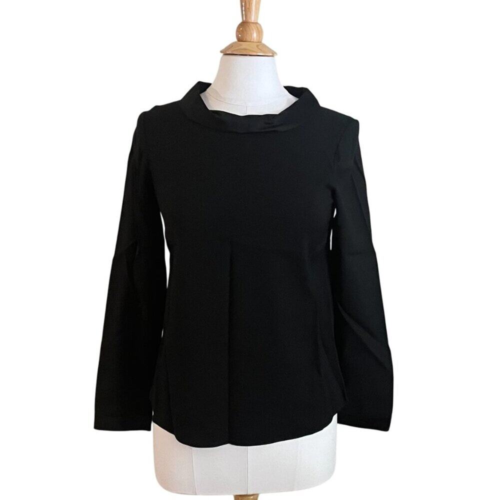 Theory Black Long Sleeve Knit, Satin Trim, Career, Professional, Minimalist, S